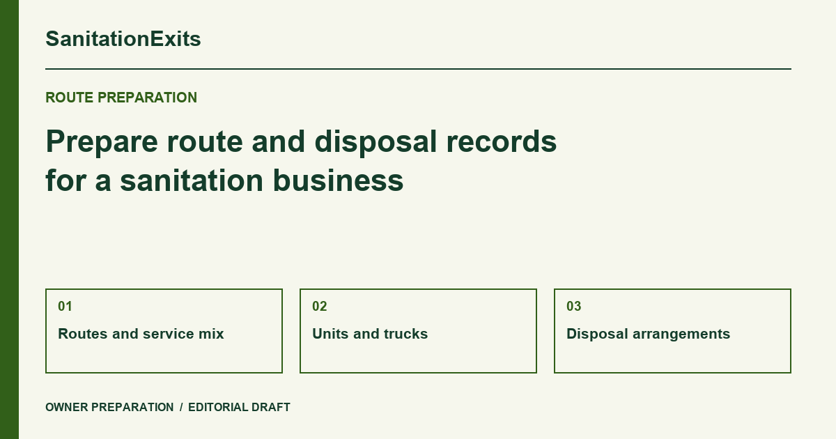 SanitationExits preparation diagram: Routes and service mix, Units and trucks, Disposal arrangements